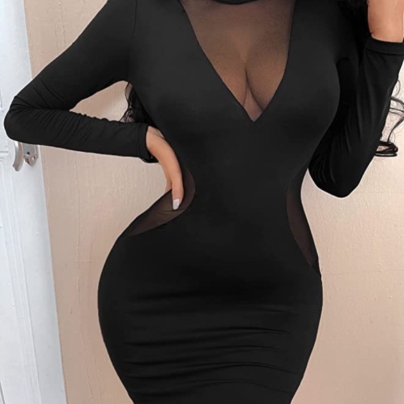 Women's Sheer Mesh Patchwork Mini Bodycon Dress Long Sleeve Mock Neck Club - Picture 2 of 2